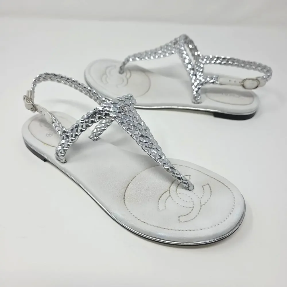 Chanel Thong Silver Leather Logo Sandals T Strap Day White 37.5 US 7